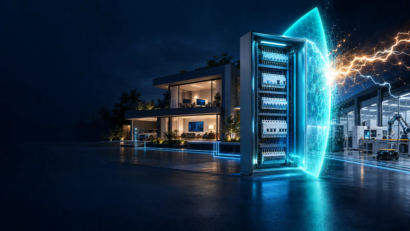 Aşırı gerilim darbesine karşı elektrik panosu ile korunan modern ev ve endüstriyel tesis